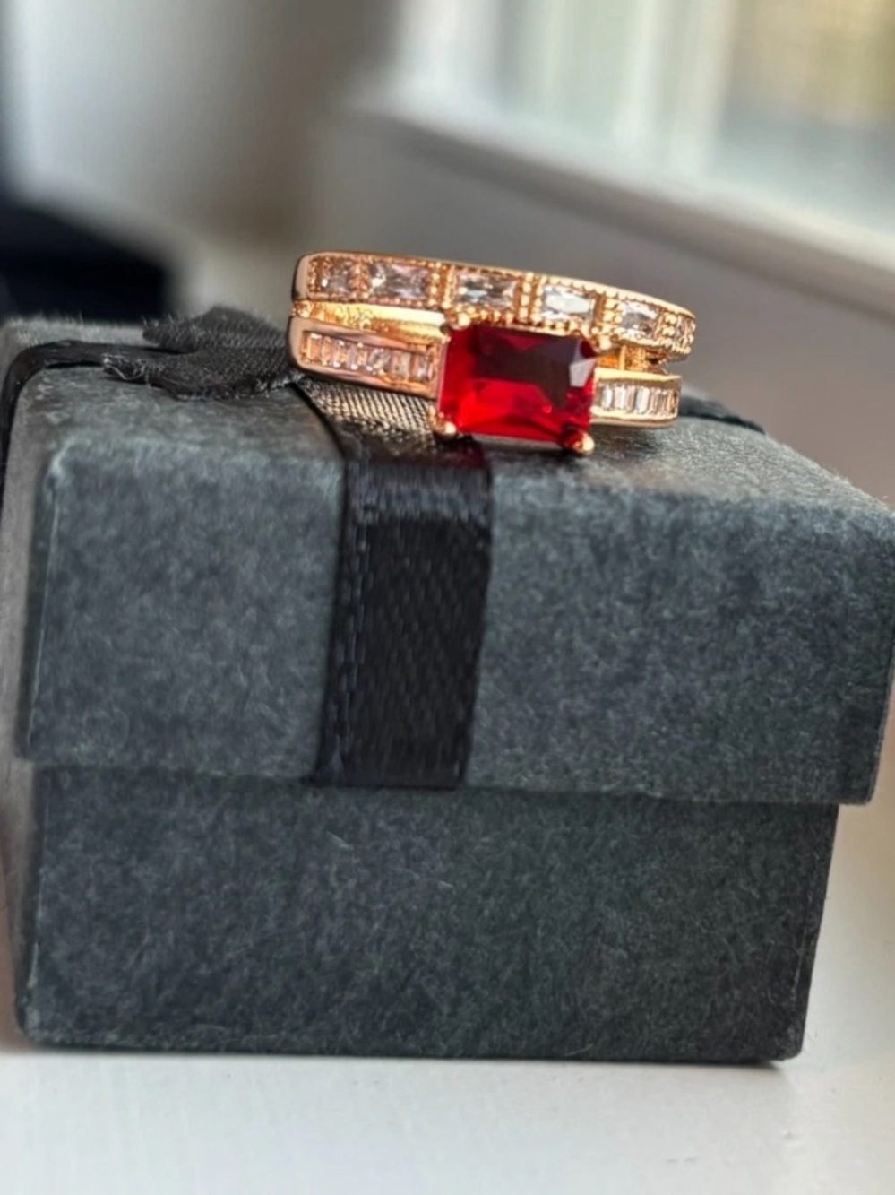 Gold Plated Ruby Red CZ Stacked Ring Size 6 Double Band Baguette & Pave - Picture 9 of 9